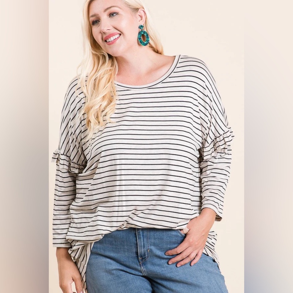 040 PLUS Reborn J Ruffle Sleeve Striped Relaxed Fit Long‎ Sleeve Tunic Top